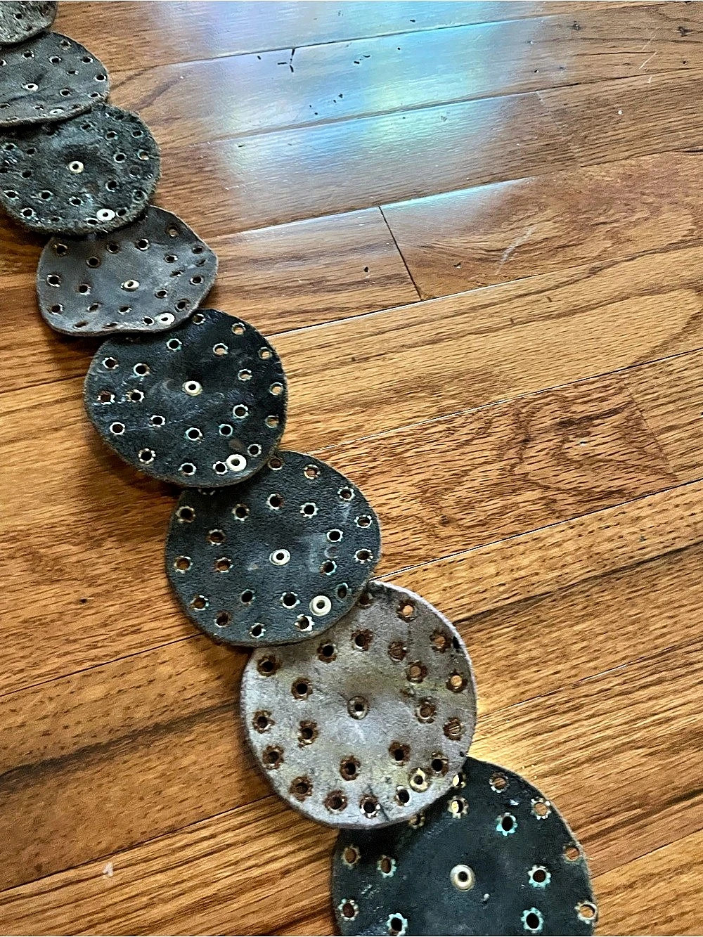 Vintage 70s 80s Moroccan Leather Grommet Disc Belt Black Western Medallion Belt - Picture 4 of 11